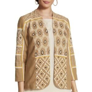 Chico's Linen Blend Diamond Artisan Boho
Embellished Embroidered Open Jacket XL